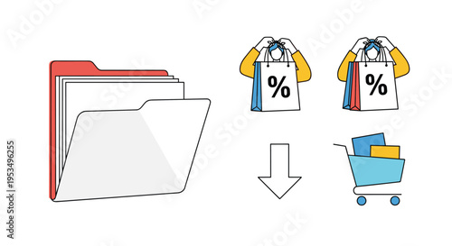 Consumer data organization and discount shopping archive concept with file folder and retail shopping icons illustration.