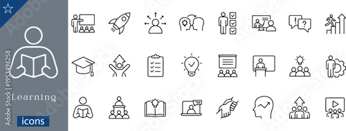 24 Educational Learning Icons Minimalist Outline Line Art for Academic Instruction, Personal Development, and Corporate Training
