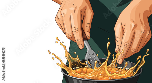 Close up illustration of chef hands frying food with hot oil splash in a pan, dynamic vector action scene