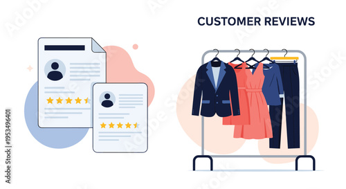 Clothing store customer reviews and feedback icons displayed next to a garment rack with professional business attire and dresses.