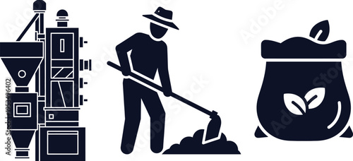 Farming Equipment And Farmer Silhouette With Bag Of Fertilizer On White Background agriculture