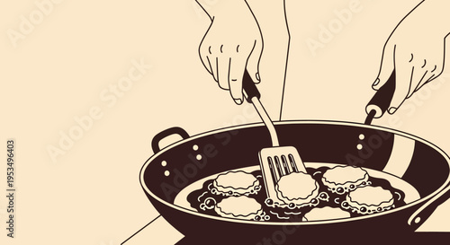 Close up illustration of hands frying traditional crispy fritters in a pan, minimalist line art of cooking process, asian street food preparation snack