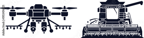 Silhouette of Agricultural Drone and Combine Harvester on White Background agriculture farming