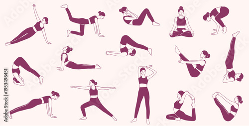 vector illustraion of women exercise workout pilates yoga poses collection set - doodle hand drawn sketch