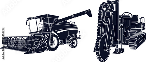 Silhouette of Agricultural Harvesting and Tilling Machinery on White Background Keywords: combine harvester, agricultural machinery