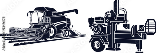 Silhouette of Agricultural Machinery Combine Harvester and Wood Chipper on White Background Keywords: combine harvester