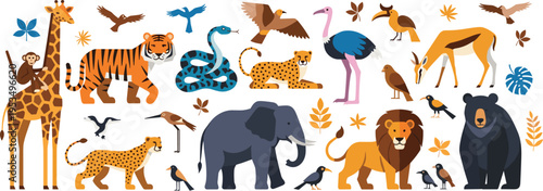 Safari Wildlife Animals Vector Set with Lion Elephant Giraffe Tiger Leopard Birds and Jungle Nature Elements