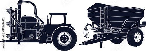 Silhouette of Tractor and Agricultural Fertilizer Spreader on White Background agriculture