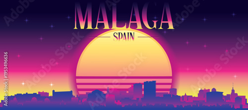 Purple generic retro futuristic synthwave panoramic poster of the city skyline with misty background sunset buildings of MALAGA, SPAIN