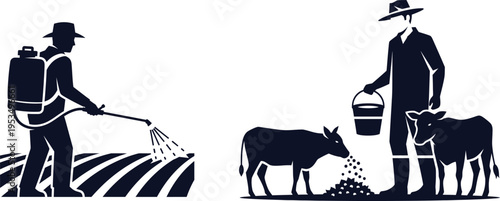 Silhouettes of Farmer Spraying Field and Feeding Cattle on White Background Keywords: farmer, agriculture, farming, field, crops
