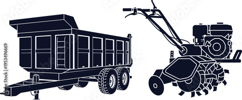 Silhouettes of Farm Trailer and Walking Tractor on White Background agriculture vehicle