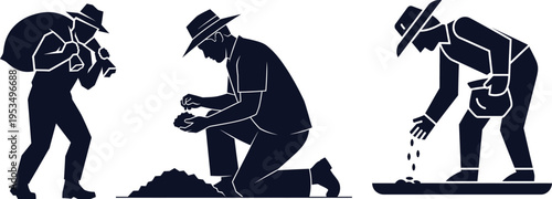 Silhouettes of Farmers Planting Seeds and Carrying Sacks on White Background Keywords: farmer, agriculture, planting, seeds, sowing