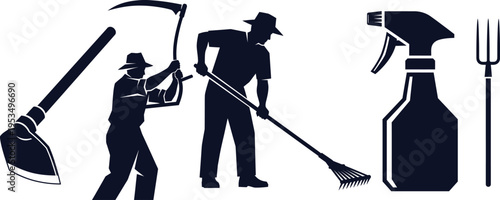 Silhouettes of Farmers and Gardening Tools on White Background Keywords: farmer, agriculture, gardening, tools, hoe, scythe, rake