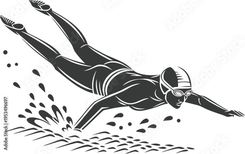 Competitive swimmer performing butterfly stroke silhouette, powerful athletic motion, Olympic swimming technique, high contrast black and white vector illustration, detailed monochrome sports clip art