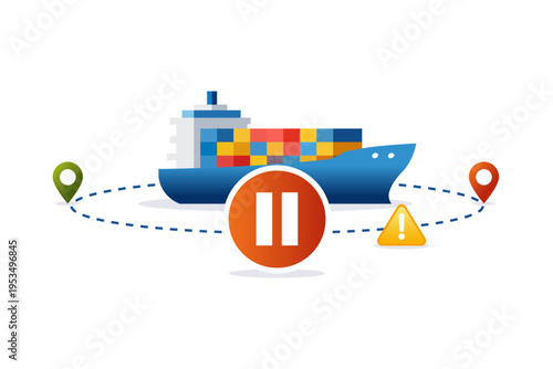 Global Shipping Delay and Supply Chain Disruption with Cargo Ship Pause Symbol