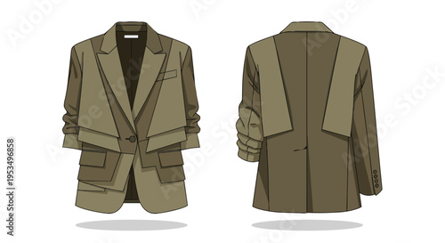 Detailed fashion flat technical sketch showcasing a creatively layered contemporary oversized blazer design in earthy tones perfect for modern