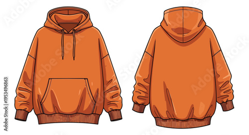 A vibrant rust-colored pullover hoodie showcasing detailed front and rear views, perfect for casual wear and comfortable style in any season,