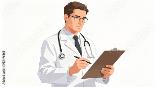 A confident young professional physician in a white medical coat stands smiling while holding a stethoscope in a clinic hospital setting