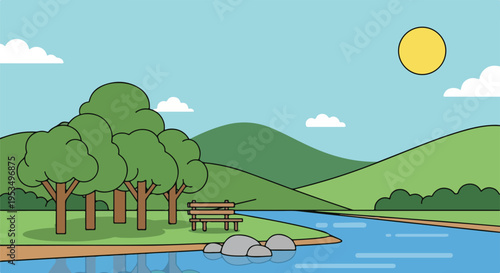 A cartoon scene of a landscape, with trees, sun, a bench, and a river