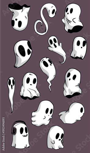 Cute cartoon ghosts sticker set for Halloween design with various emotions