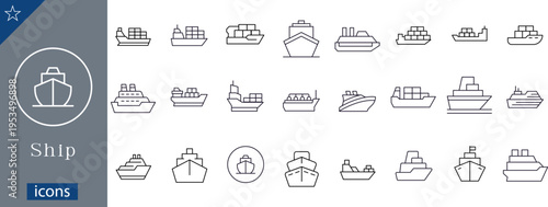 24 Maritime Transportation and Shipping Icons Minimalist Outline Line Art for Cargo Vessels, Container Ships, Tankers, and Passenger Liners