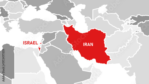 Political map of the Middle East with Iran and Israel highlighted in red showing geographic location and regional context.