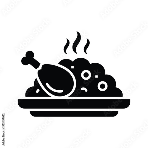 Hot Meal Icon: Chicken Leg with Rice and Steam