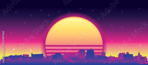 Purple generic retro futuristic synthwave panoramic poster of the city skyline with misty background sunset buildings of LISBON, PORTUGAL