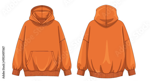 Vibrant Tangerine Oversized Hoodie Design Mockup Presenting Both Front and Rear Views for Apparel Merchandising and Digital Fashion Displays