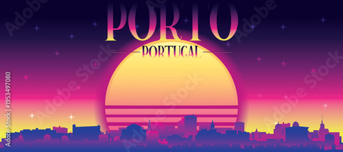 Purple generic retro futuristic synthwave panoramic poster of the city skyline with misty background sunset buildings of PORTO, PORTUGAL