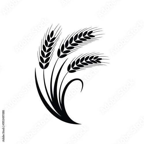 Black and white illustration of three wheat stalks with flowing leaves