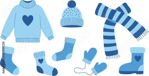 Blue winter clothing collection with sweater socks hat mittens scarf and boots cozy seasonal apparel vector illustration set