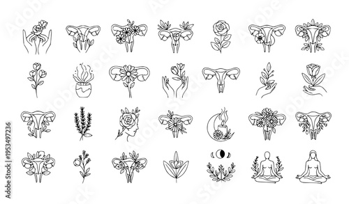 A collection of black and white line art illustrations depicting female reproductive health and wellness symbols