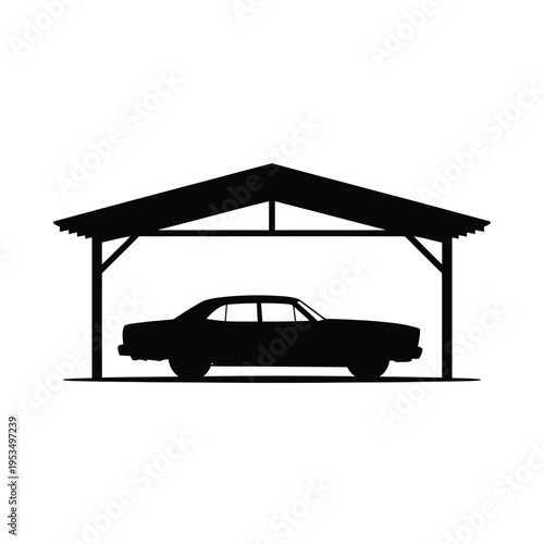 A black silhouette of a classic car parked under a carport