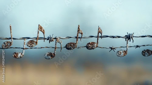 Conceptual video of rusty musical notes on a barbed wire fence, symbolizing silenced music or art
