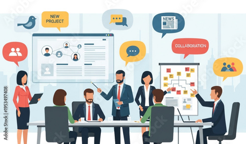 A group of business professionals collaborating on a new project in a modern office