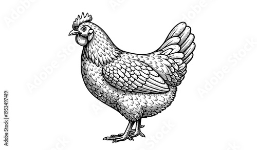 A detailed black and white illustration of a chicken standing alone