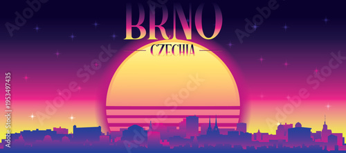 Purple generic retro futuristic synthwave panoramic poster of the city skyline with misty background sunset buildings of BRNO, CZECH REPUBLIC