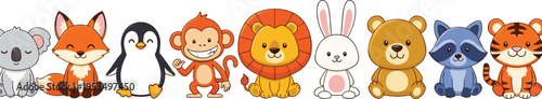 Cute Cartoon Animal Characters Row Collection Wildlife and Pets Vector Illustration