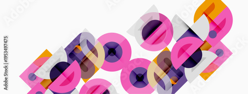 Abstract geometric shapes overlap, creating vibrant pink, purple, orange composition. Clean lines define modern design elements.