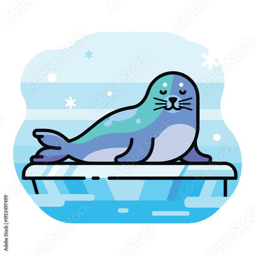 A cartoon seal resting on an iceberg in a chilly environment