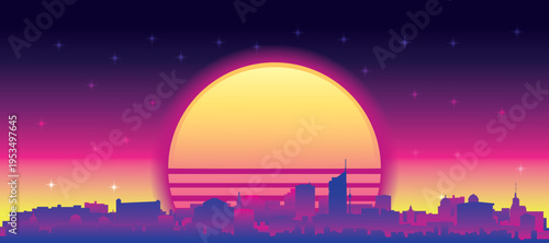 Purple generic retro futuristic synthwave panoramic poster of the city skyline with misty background sunset buildings of VIENNA, AUSTRIA