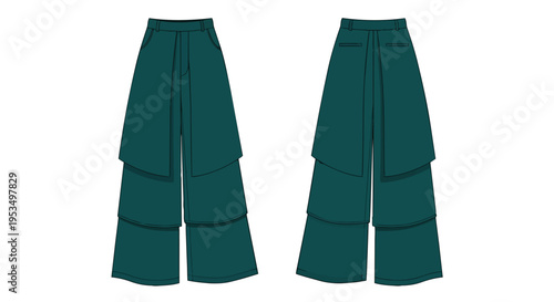 Modern layered wide-leg trousers fashion illustration displaying front and back views of a unique garment design concept, showcasing fluid