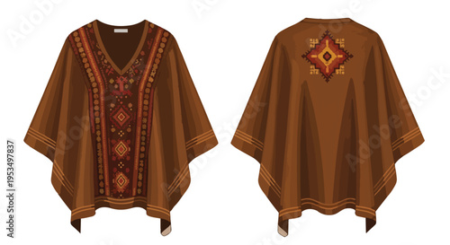 Vibrant embroidered ethnic poncho, front and back views showcased, featuring rich brown fabric and intricate geometric patterns for a distinct