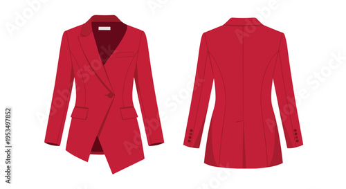 Vibrant Scarlet Women's Blazer Flat Lay Design Front and Back View Stylish Business Attire Fashionable Tailored Jacket Red Elegant Apparel for
