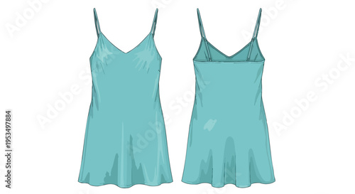 Vibrant teal fashion flat sketch illustrating a chic slip dress, front and rear perspectives, ideal for garment production, textile design, and