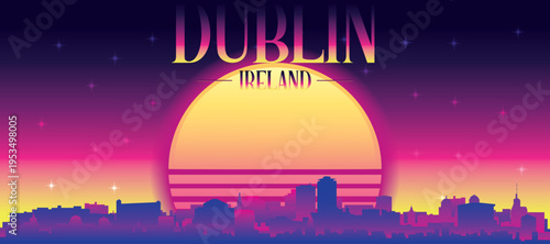 Purple generic retro futuristic synthwave panoramic poster of the city skyline with misty background sunset buildings of DUBLIN, IRELAND