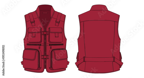 Flat lay technical drawing of a crimson multi-pocket utility vest front and back views showcasing practical design for outdoor pursuits and