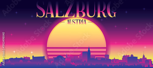 Purple generic retro futuristic synthwave panoramic poster of the city skyline with misty background sunset buildings of SALZBURG, AUSTRIA