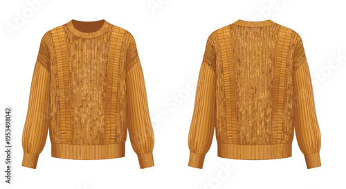 Stylish mustard textured knit sweater flat lay illustration, front and back views for apparel design needs